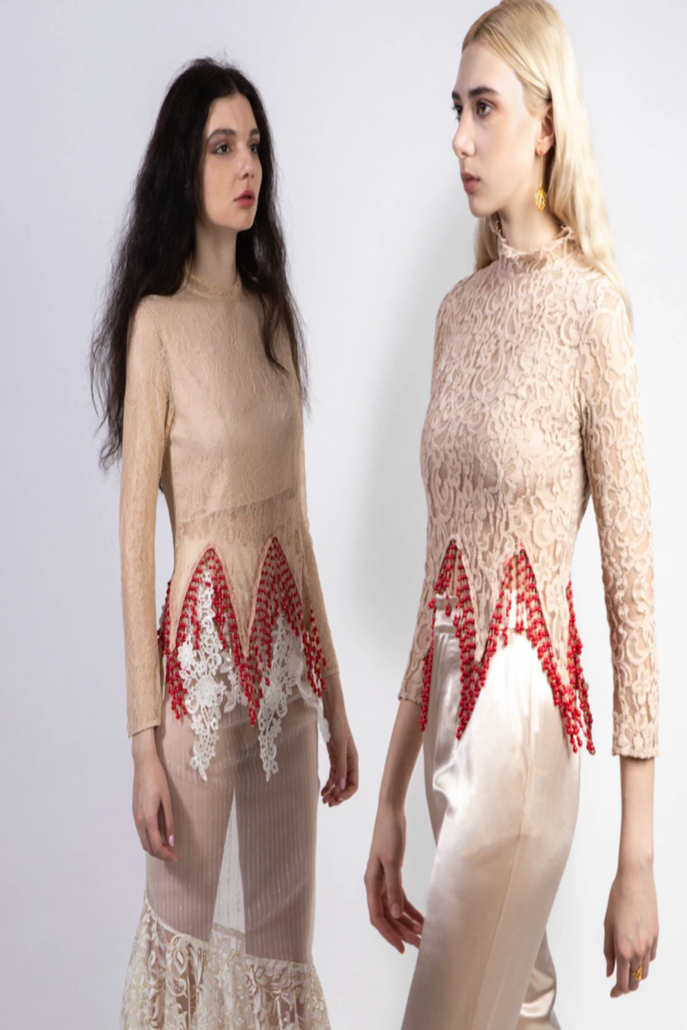 Nude Lace Top with Fringe Beads