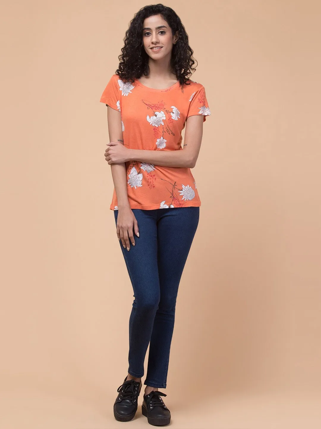 Orange Floral print Relaxed fit T-shirt