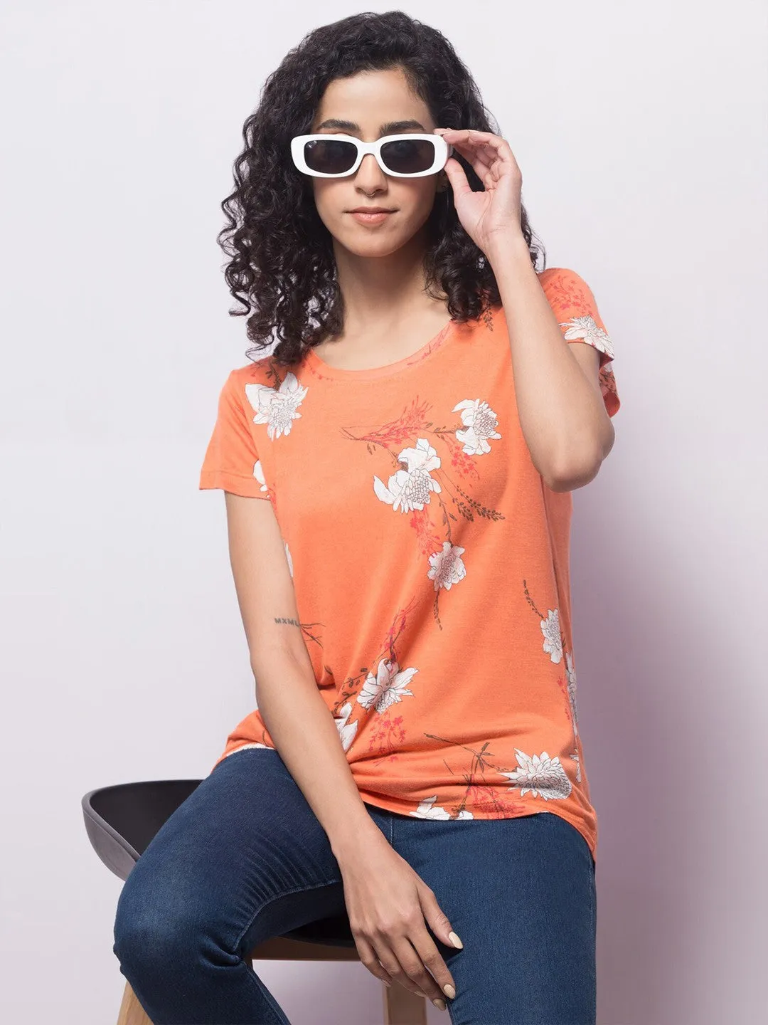 Orange Floral print Relaxed fit T-shirt