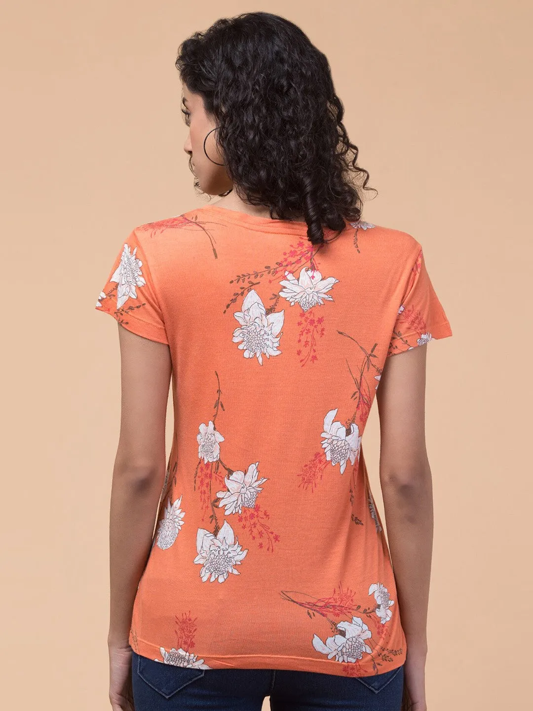 Orange Floral print Relaxed fit T-shirt