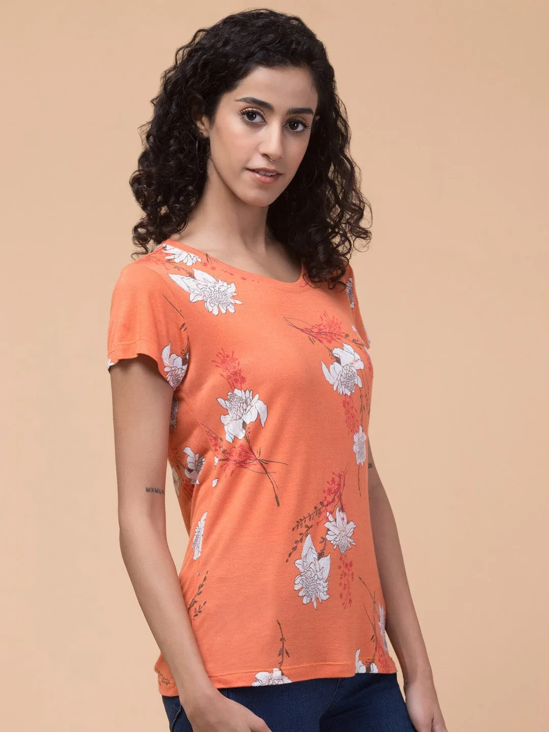 Orange Floral print Relaxed fit T-shirt
