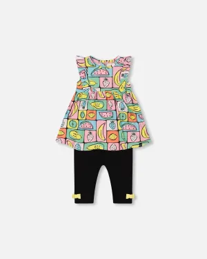 Organic Cotton Jersey Tunic And Capri Set Printed Fruits Square