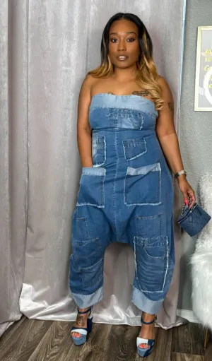 Patchwork Denim Bandeau Jumpsuit