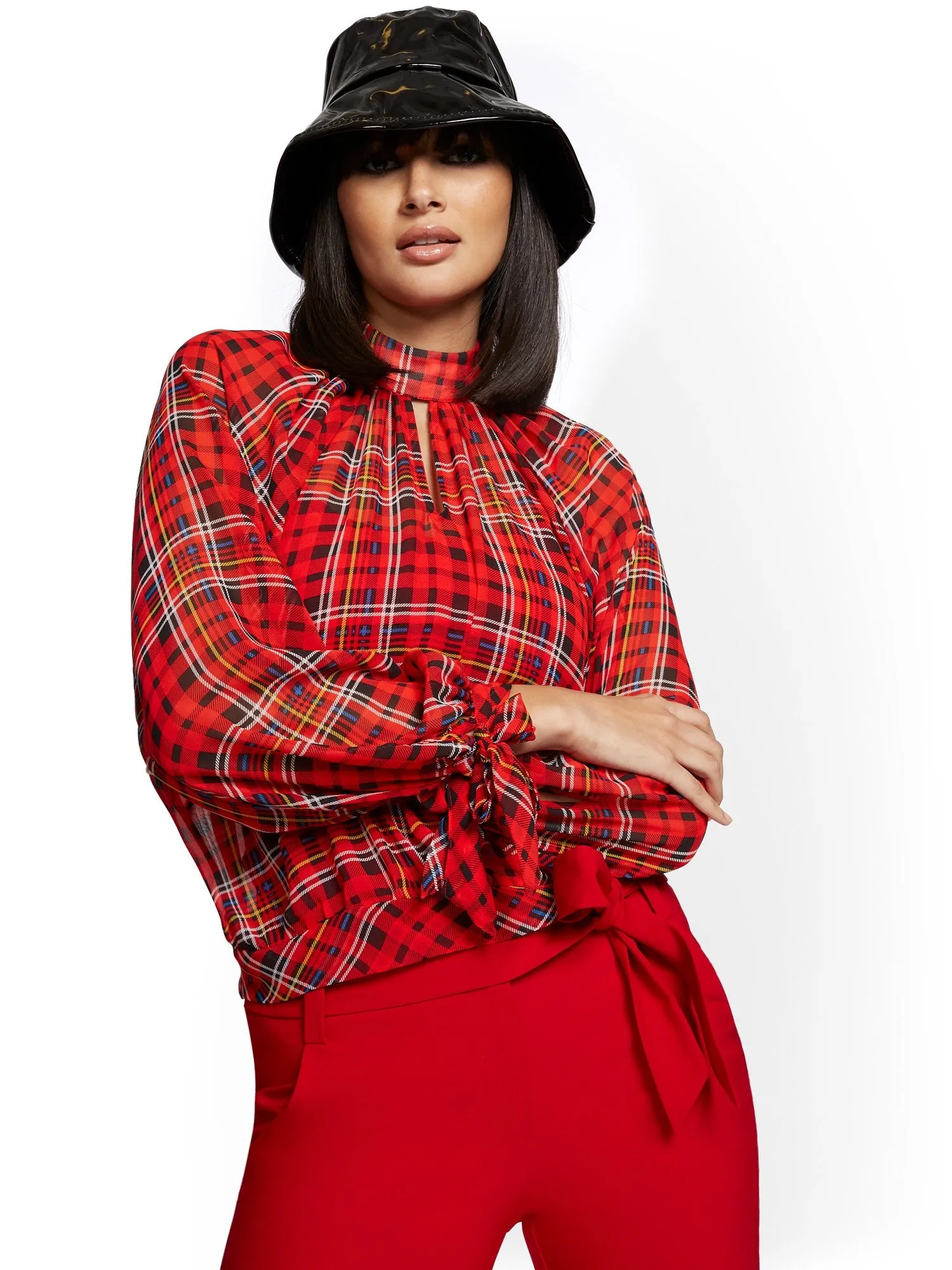 Petite Plaid Mock-Neck Tie-Sleeve Blouse - 7th Avenue