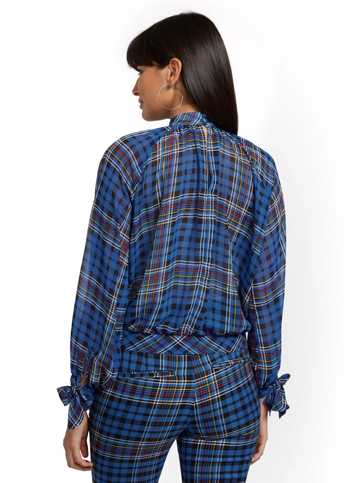 Petite Plaid Mock-Neck Tie-Sleeve Blouse - 7th Avenue