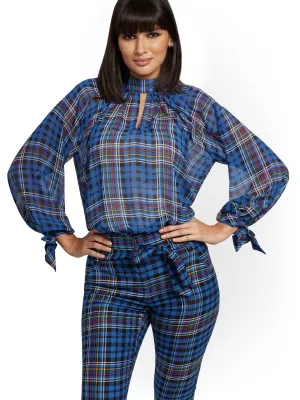 Petite Plaid Mock-Neck Tie-Sleeve Blouse - 7th Avenue