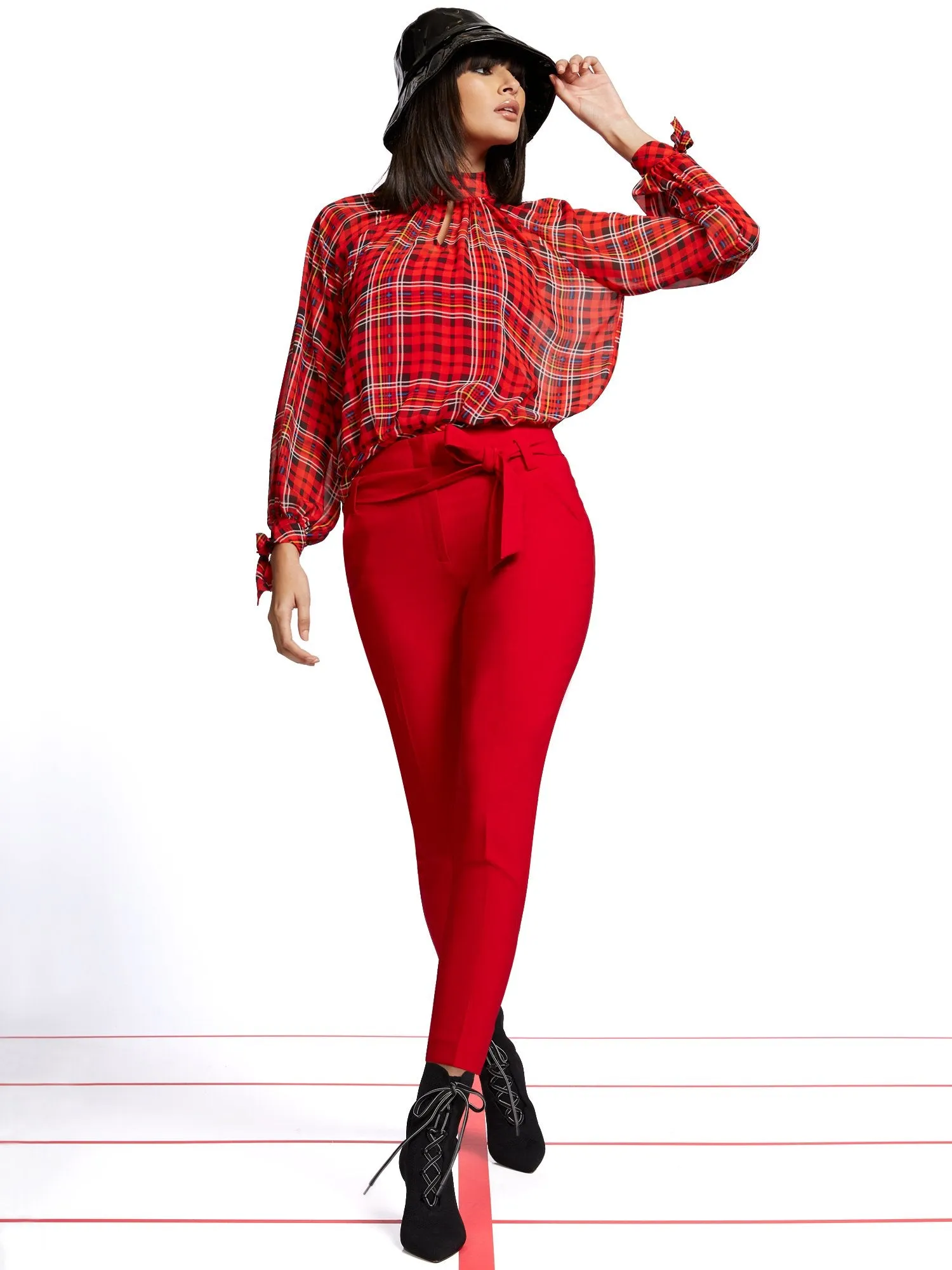 Petite Plaid Mock-Neck Tie-Sleeve Blouse - 7th Avenue