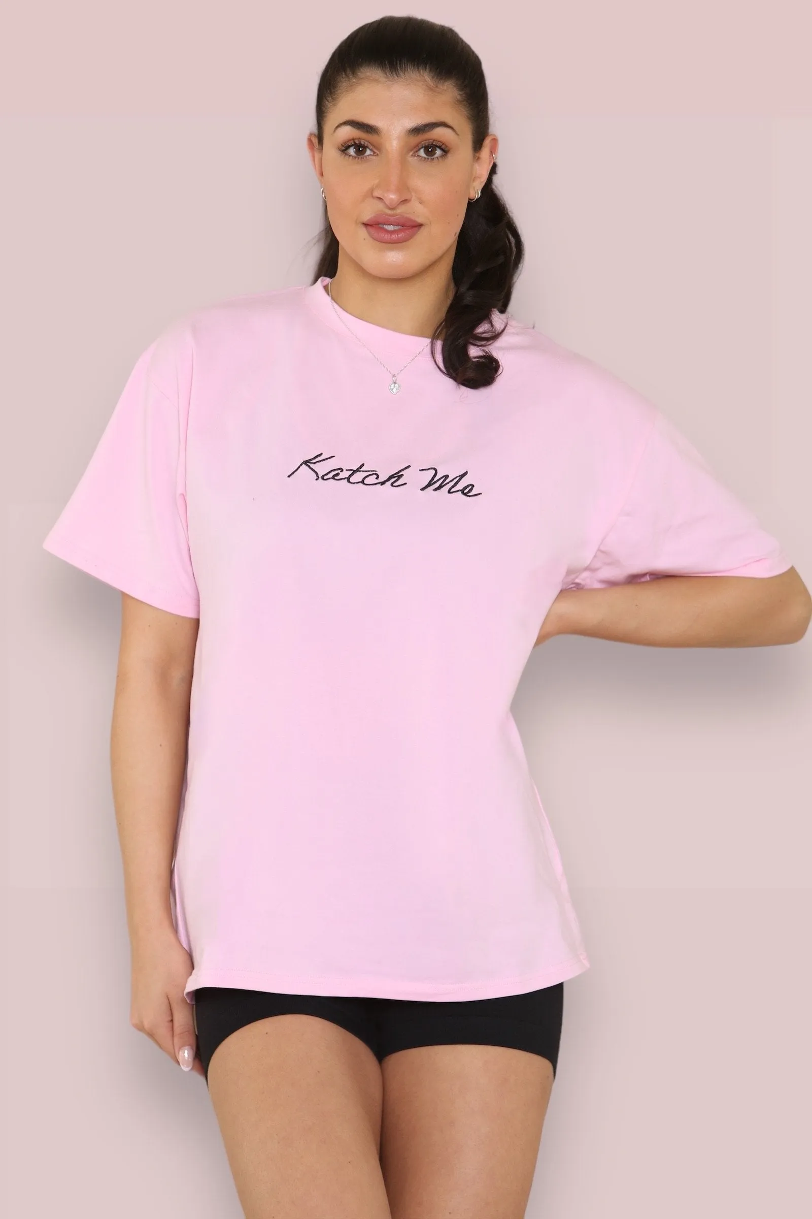 Pink Trendy Letter Printing Valentine's Day Short Sleeve Loose Top