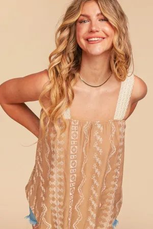 PLUS EMBROIDERED CROCHET LACE WOVEN TANK TOP