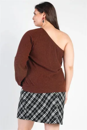 Plus Size Ribbed Textured One Shoulder Top /3-2-1