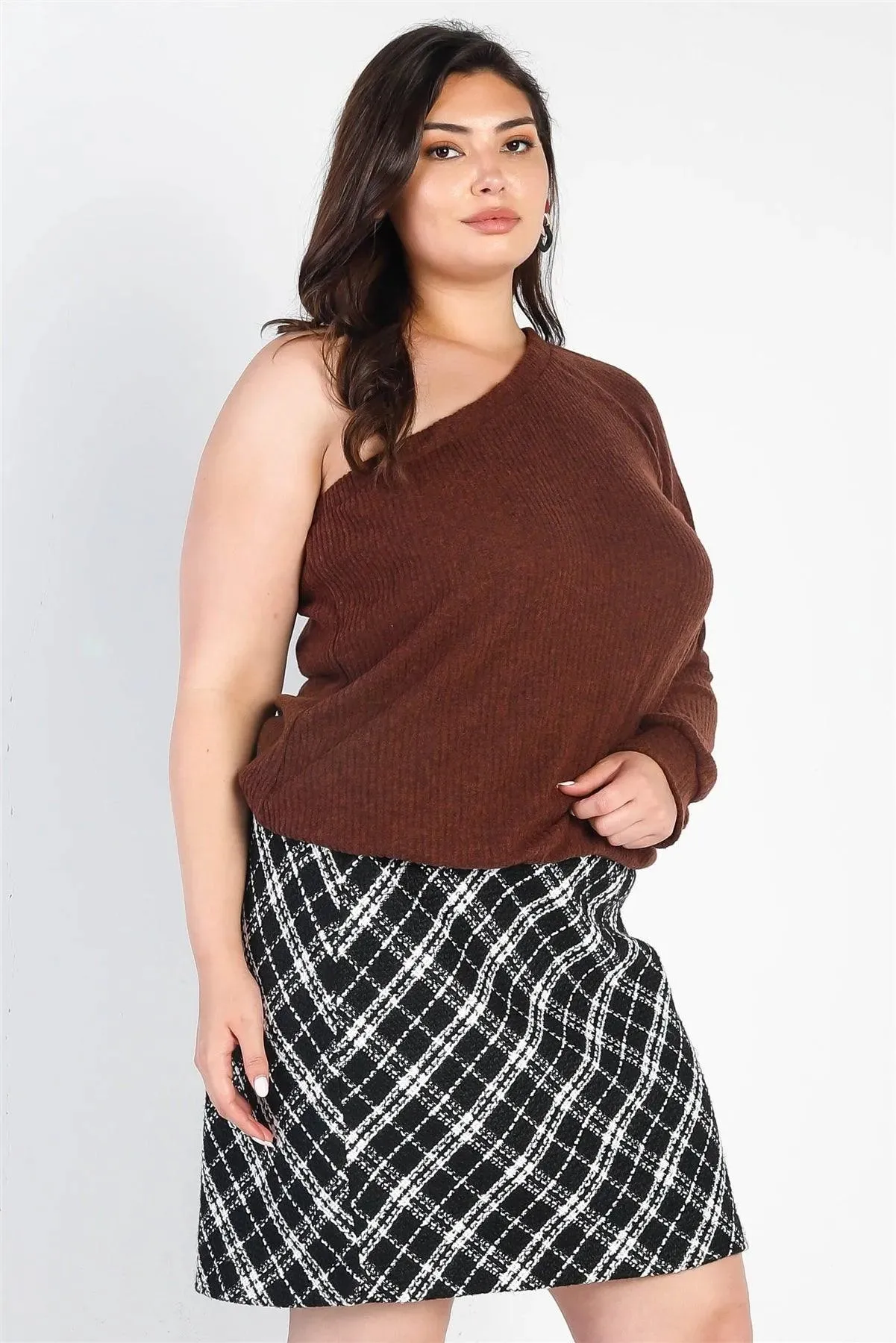 Plus Size Ribbed Textured One Shoulder Top /3-2-1