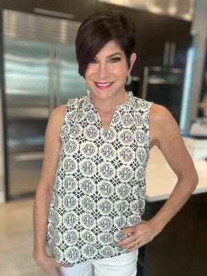 Printed Sleeveless Blouse with Ruffle Collar