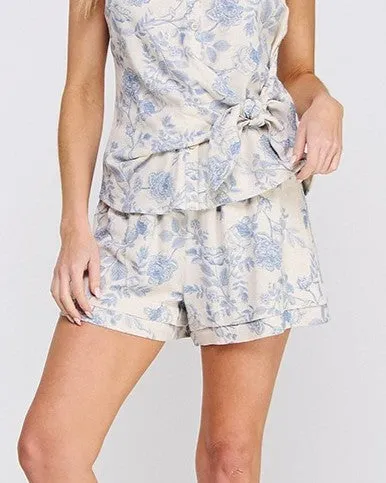 Printed Soft Linen Shorts - Blue