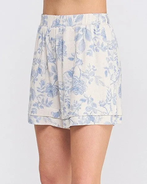 Printed Soft Linen Shorts - Blue