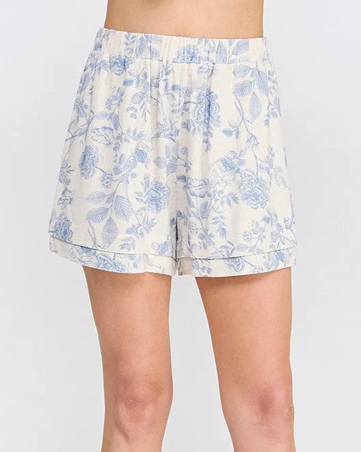Printed Soft Linen Shorts - Blue