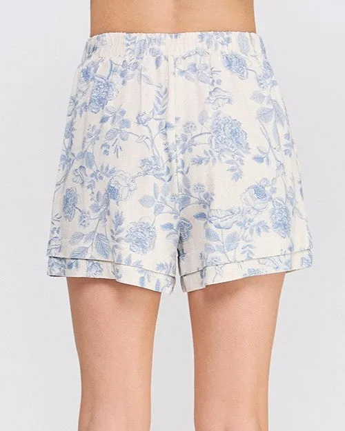 Printed Soft Linen Shorts - Blue