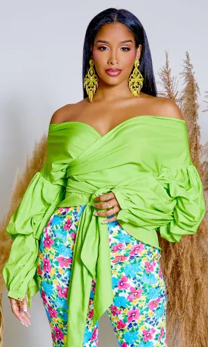 Puff Sleeve Twist Front Top - Lime