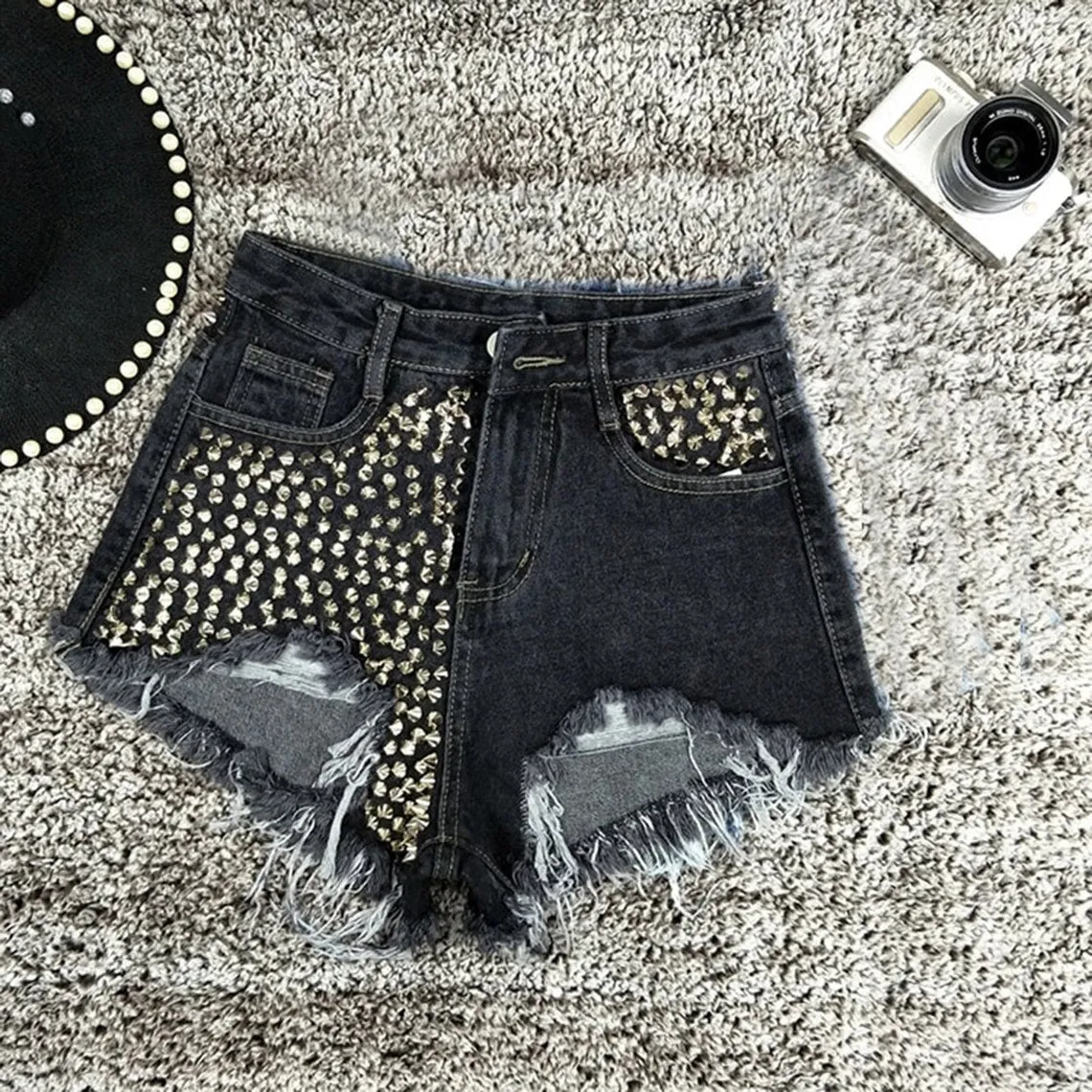 Punk One Side Rivets Streetwear High Waisted Shorts