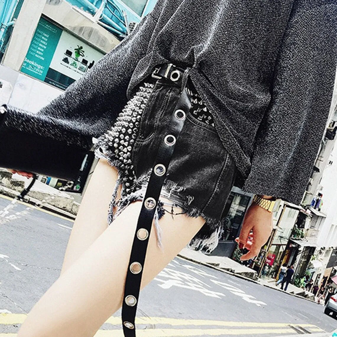 Punk One Side Rivets Streetwear High Waisted Shorts