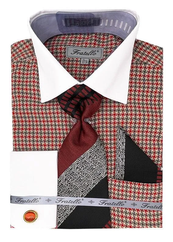 "Daniel Ellissa Men's Red Vintage Houndstooth Dress Shirt & Tie Set"