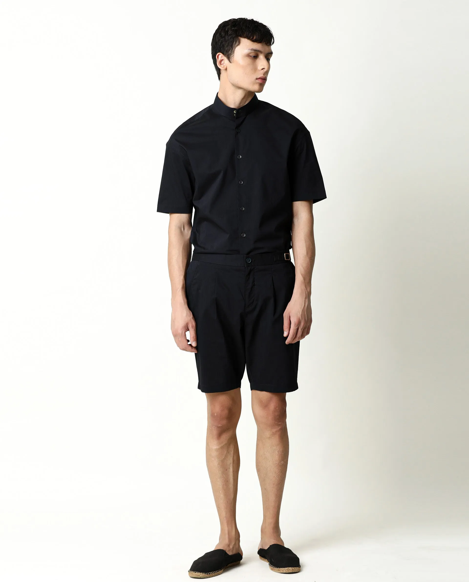 Rare Rabbit Men's Osaka Navy Slim Fit Mid Rise Waist Button & Zip Closure Shorts