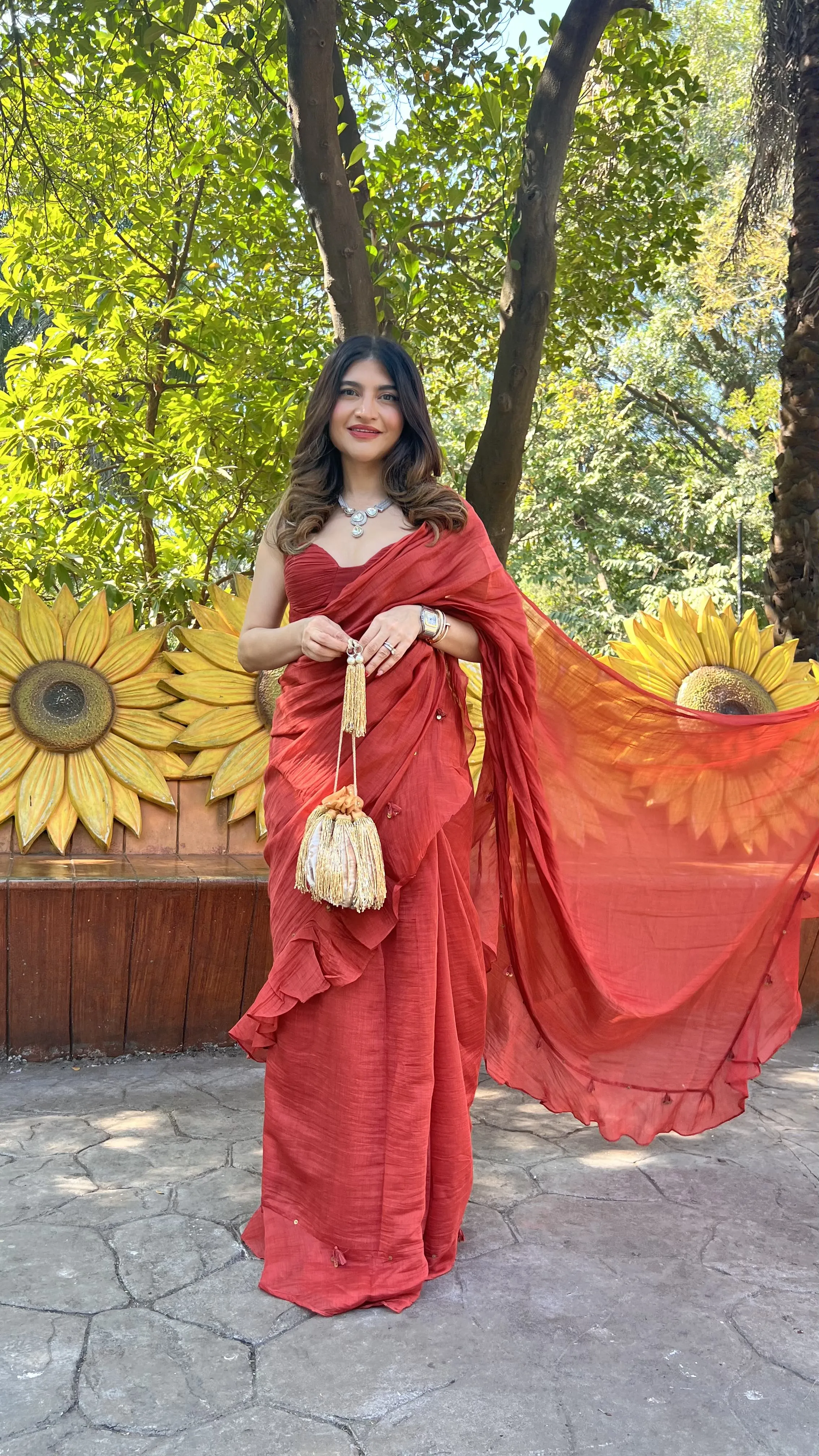 Red chanderi silk hand embroidered ruffle saree with pleated blouse