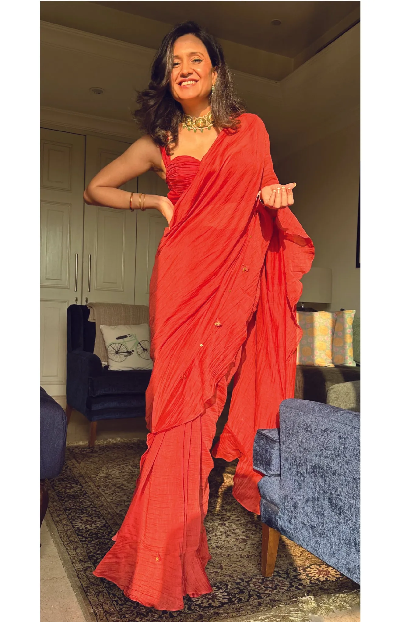 Red chanderi silk hand embroidered ruffle saree with pleated blouse