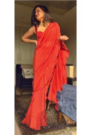 Red chanderi silk hand embroidered ruffle saree with pleated blouse