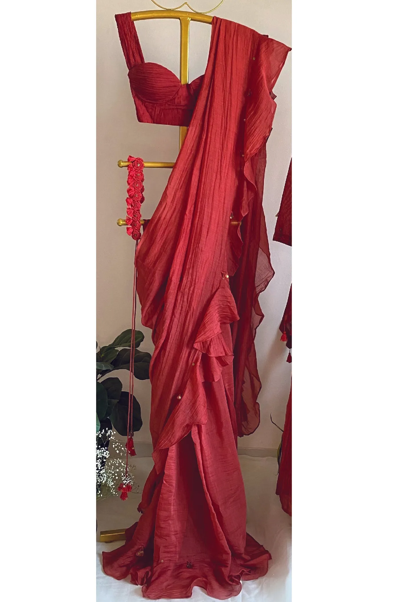 Red chanderi silk hand embroidered ruffle saree with pleated blouse
