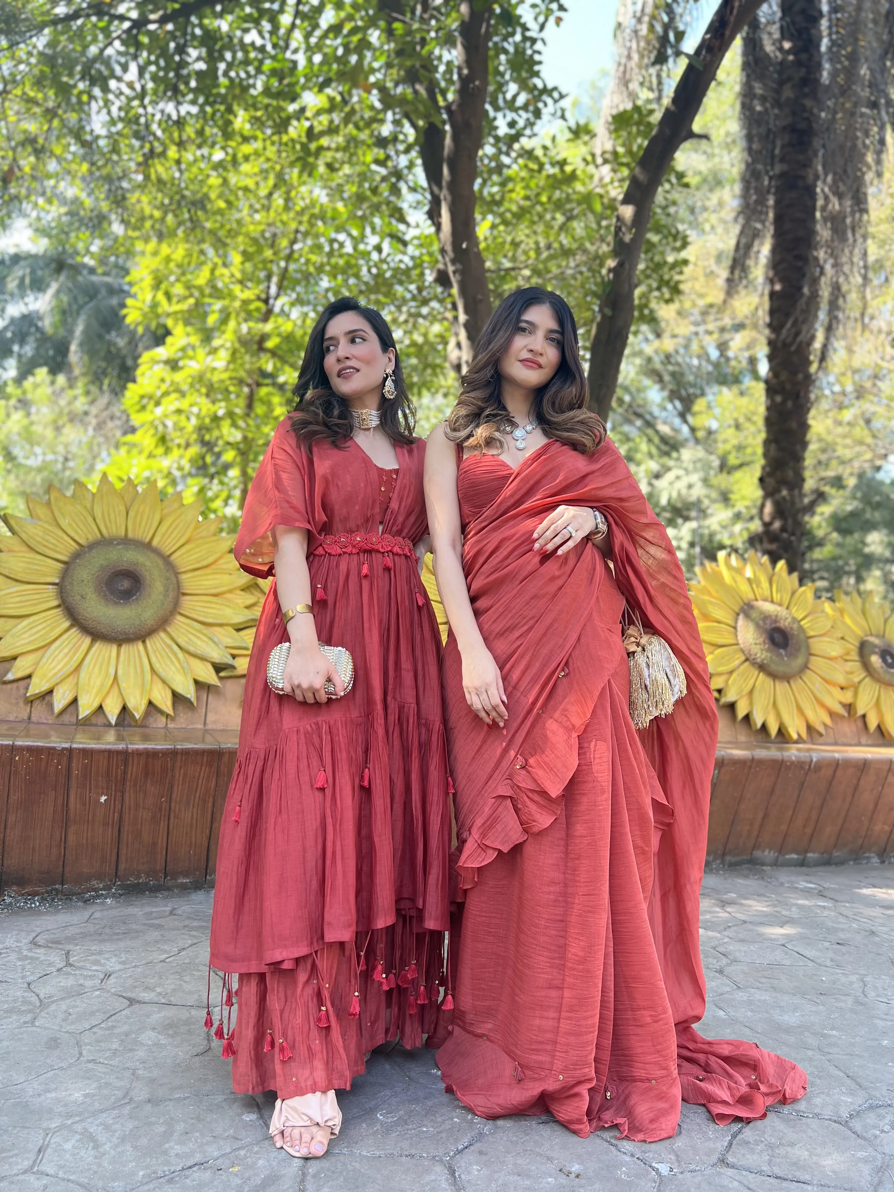 Red chanderi silk hand embroidered ruffle saree with pleated blouse