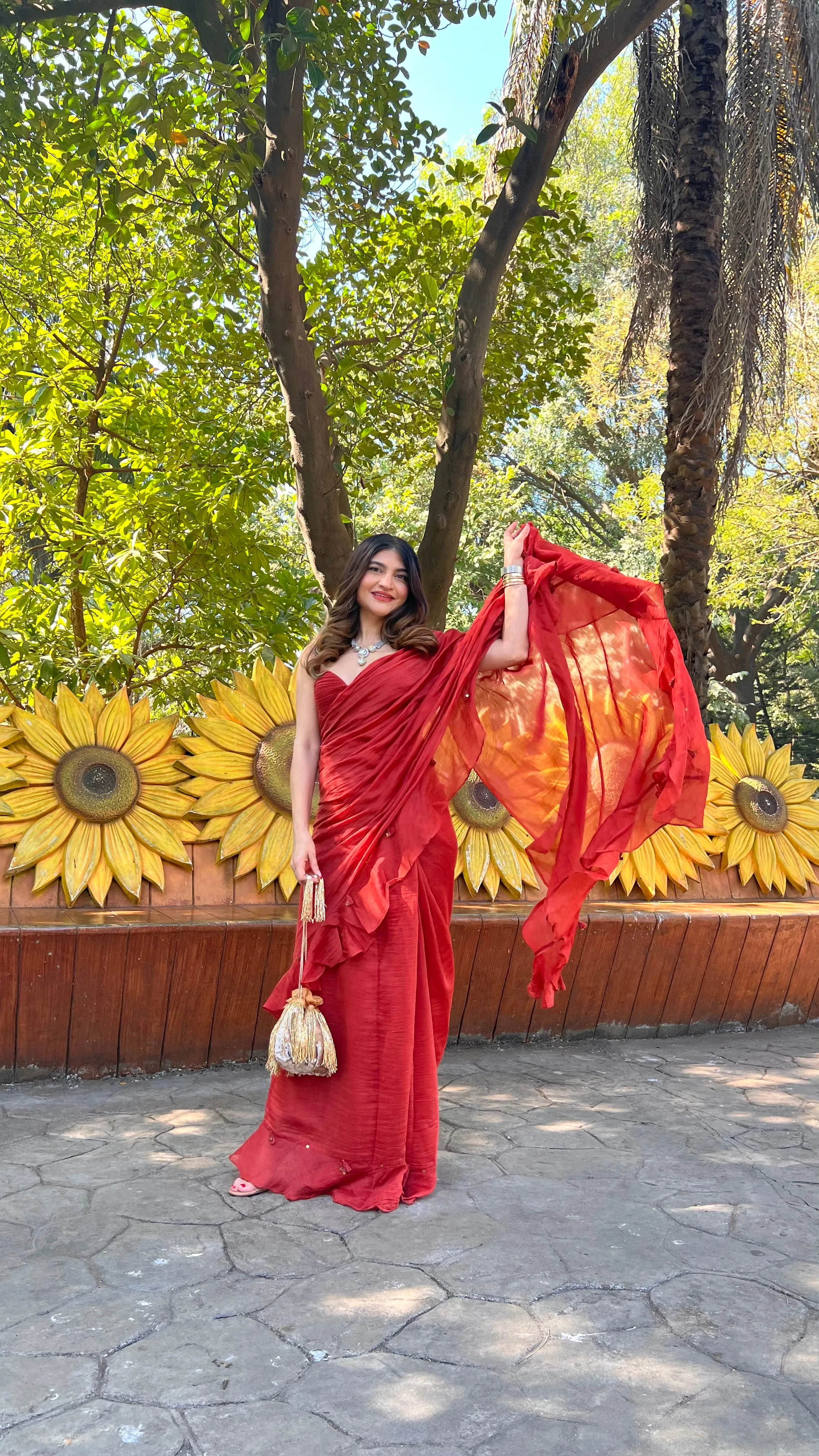 Red chanderi silk hand embroidered ruffle saree with pleated blouse
