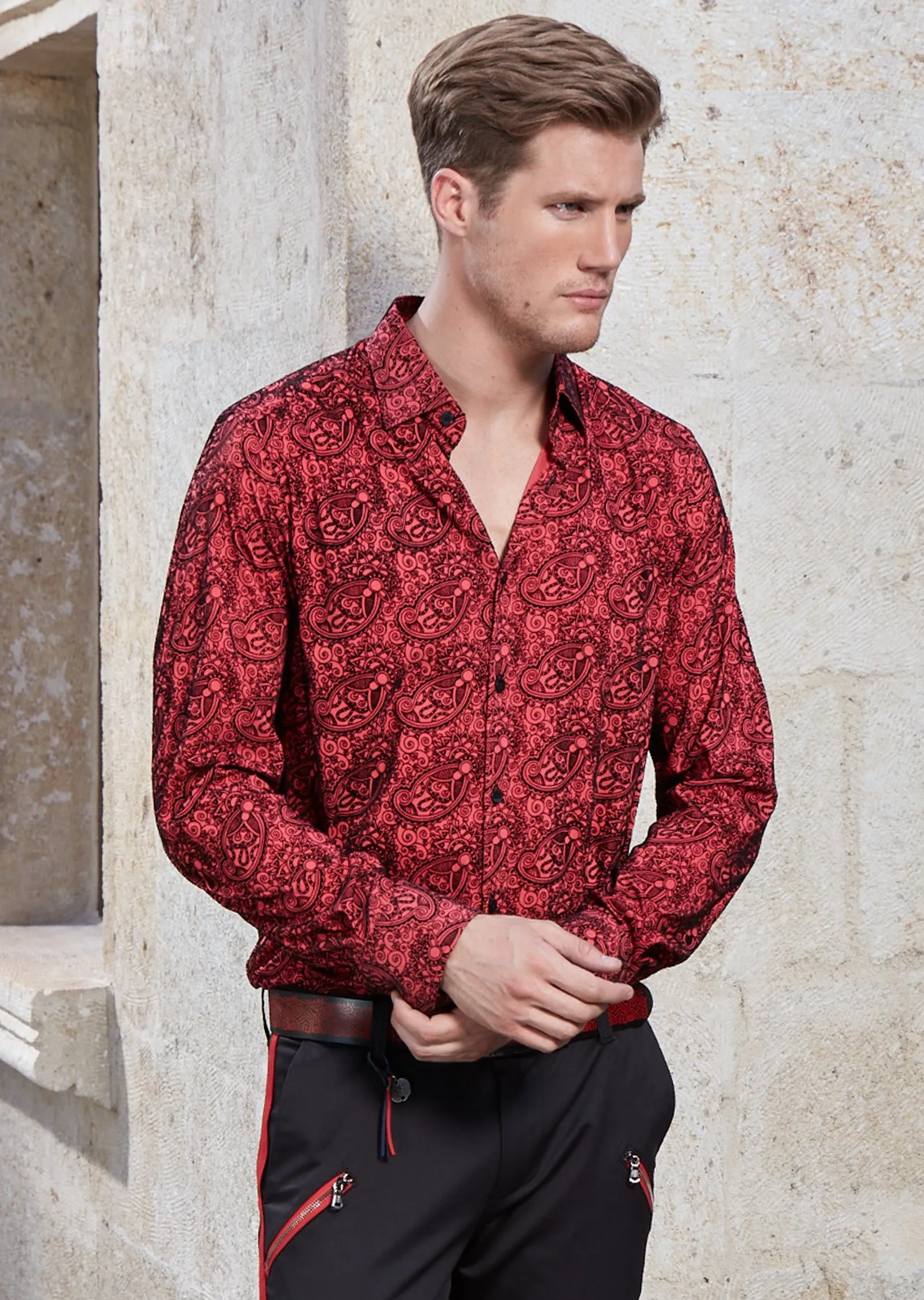 Red Modern-Fit Flocked Paisley Shirt