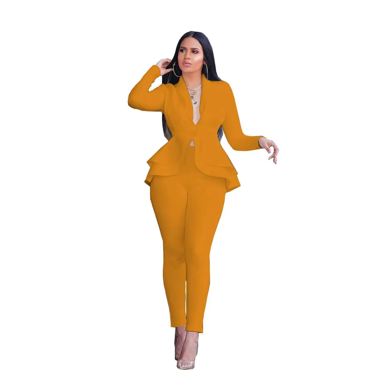 Ruffle Deep V-neck Crop Top High Waist Skinny Pants Set