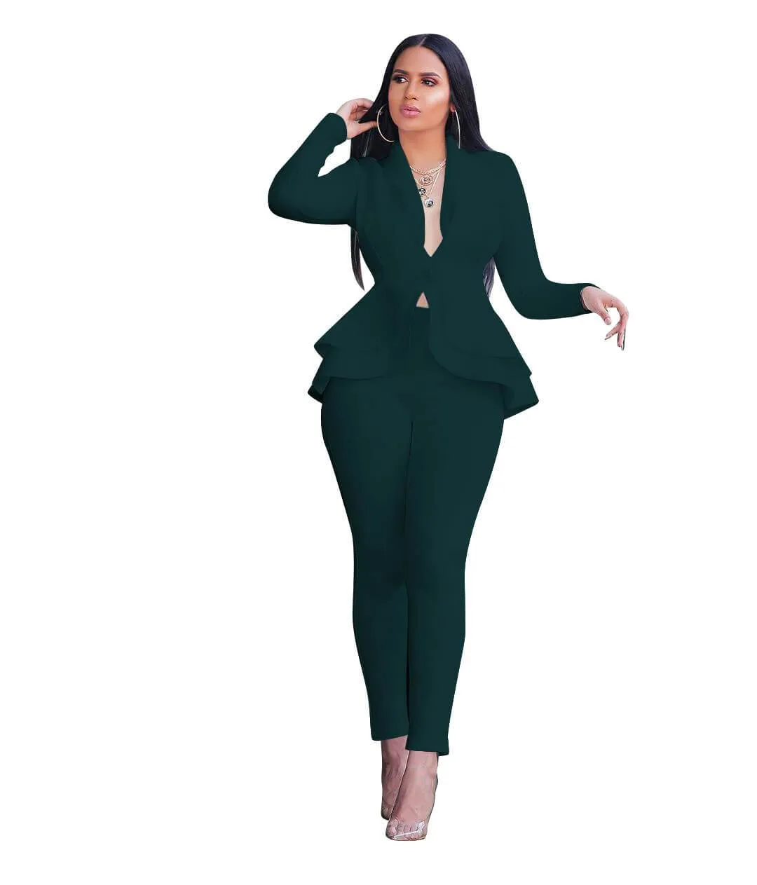 Ruffle Deep V-neck Crop Top High Waist Skinny Pants Set