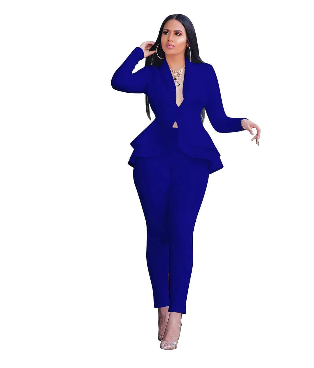 Ruffle Deep V-neck Crop Top High Waist Skinny Pants Set