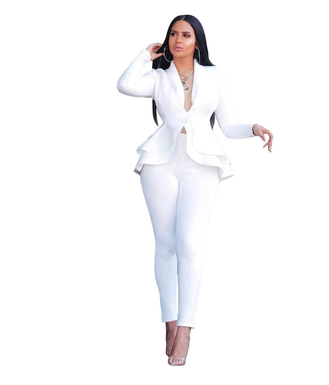 Ruffle Deep V-neck Crop Top High Waist Skinny Pants Set