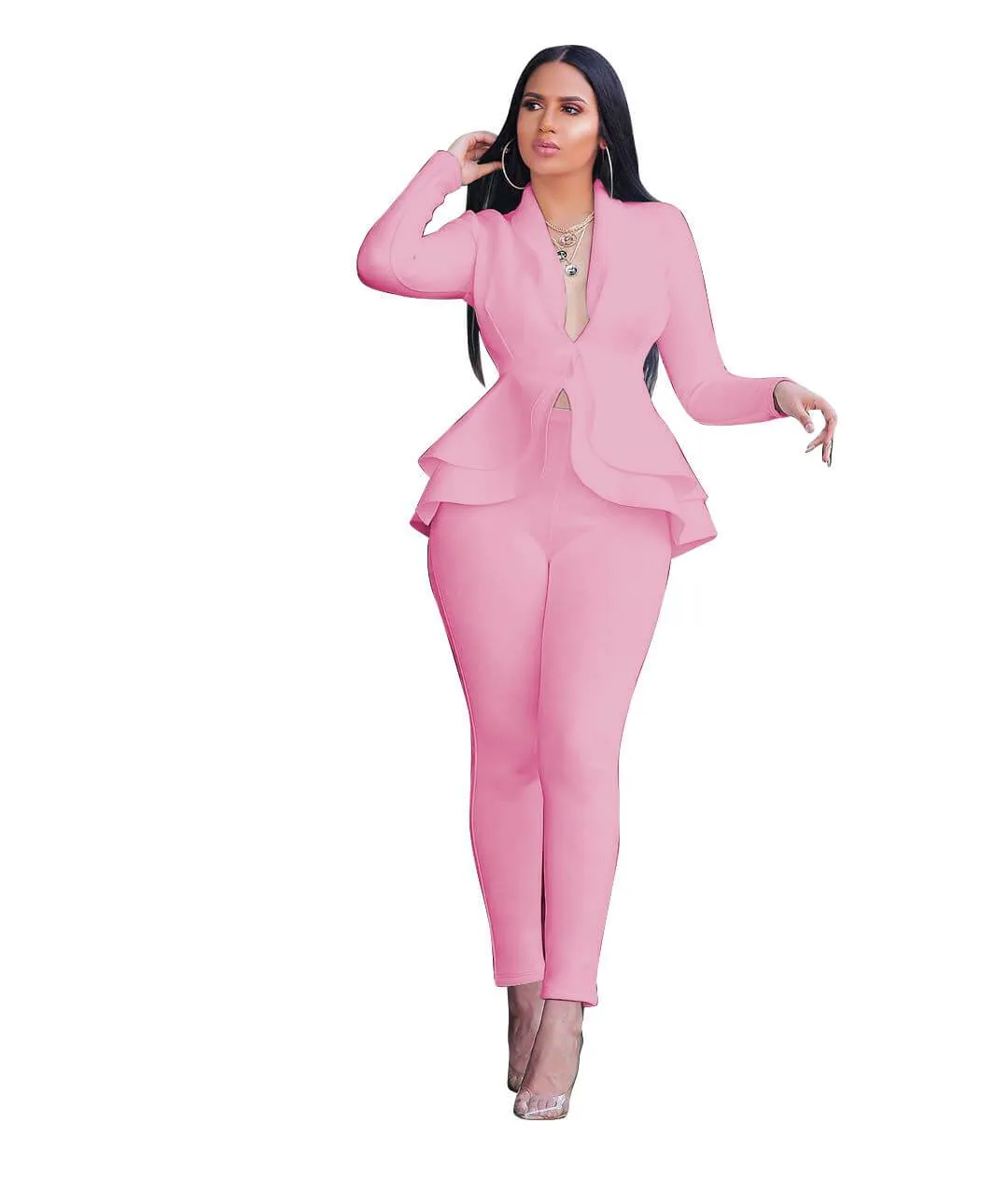 Ruffle Deep V-neck Crop Top High Waist Skinny Pants Set