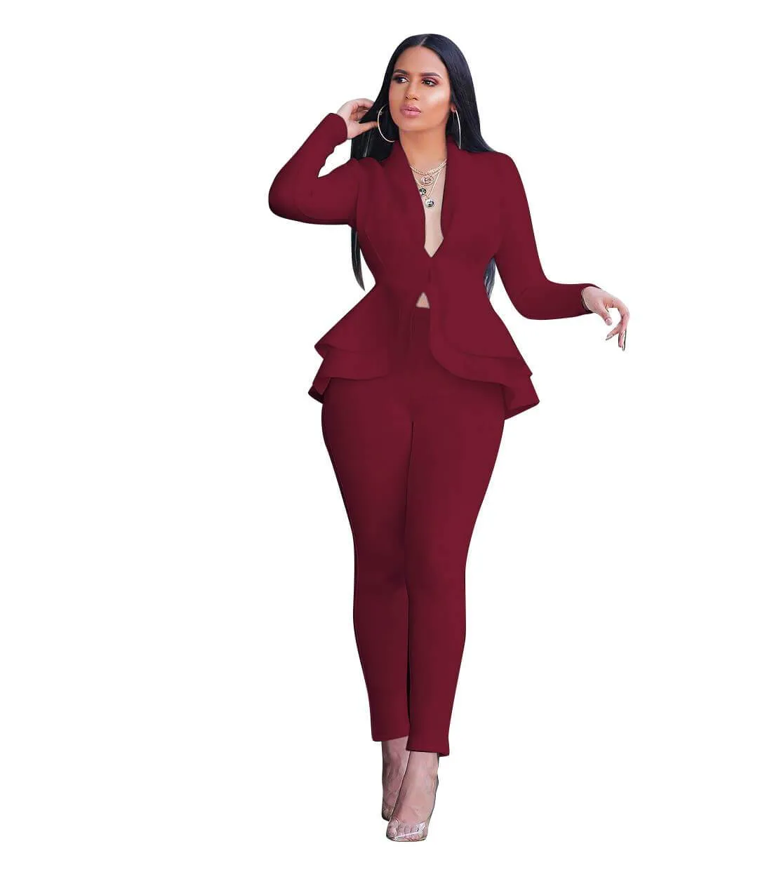 Ruffle Deep V-neck Crop Top High Waist Skinny Pants Set