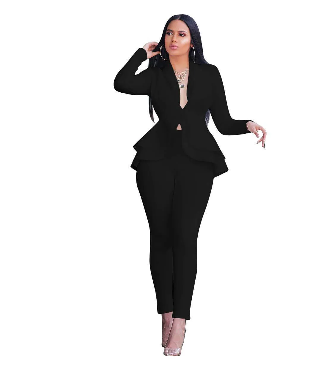 Ruffle Deep V-neck Crop Top High Waist Skinny Pants Set