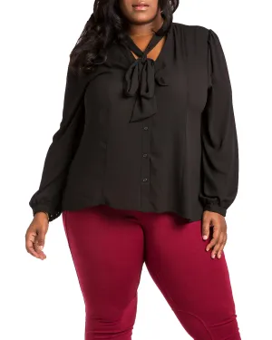 Sarah Button Up Tie Neck Blouse | Black