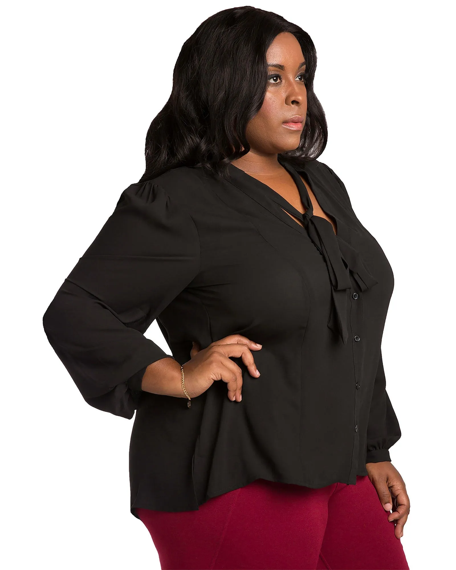 Sarah Button Up Tie Neck Blouse | Black
