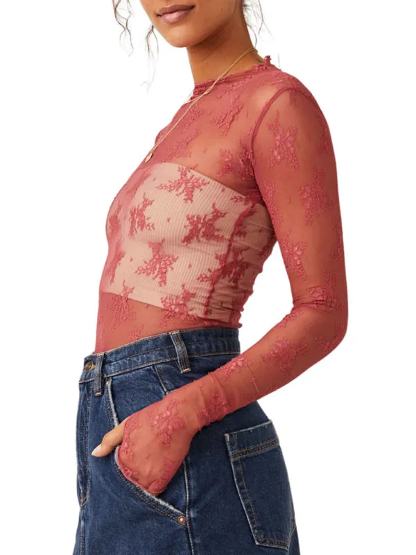 Simone New Breathable Lace Mesh Multi-Color Bottoming Shirt Sexy Hot Girl Trendy Fashion Lace Top
