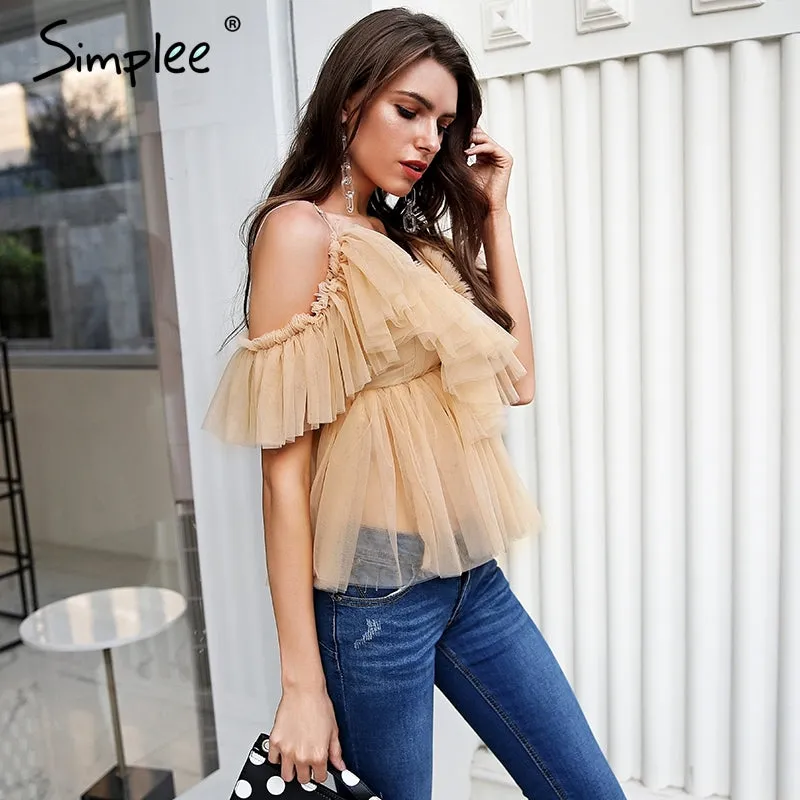 Simplee V neck strap boho mesh blouse women Ruffle short sleeve victoria elegant peplum tops Summer lace up sexy blusas 2018
