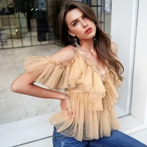 Simplee V neck strap boho mesh blouse women Ruffle short sleeve victoria elegant peplum tops Summer lace up sexy blusas 2018