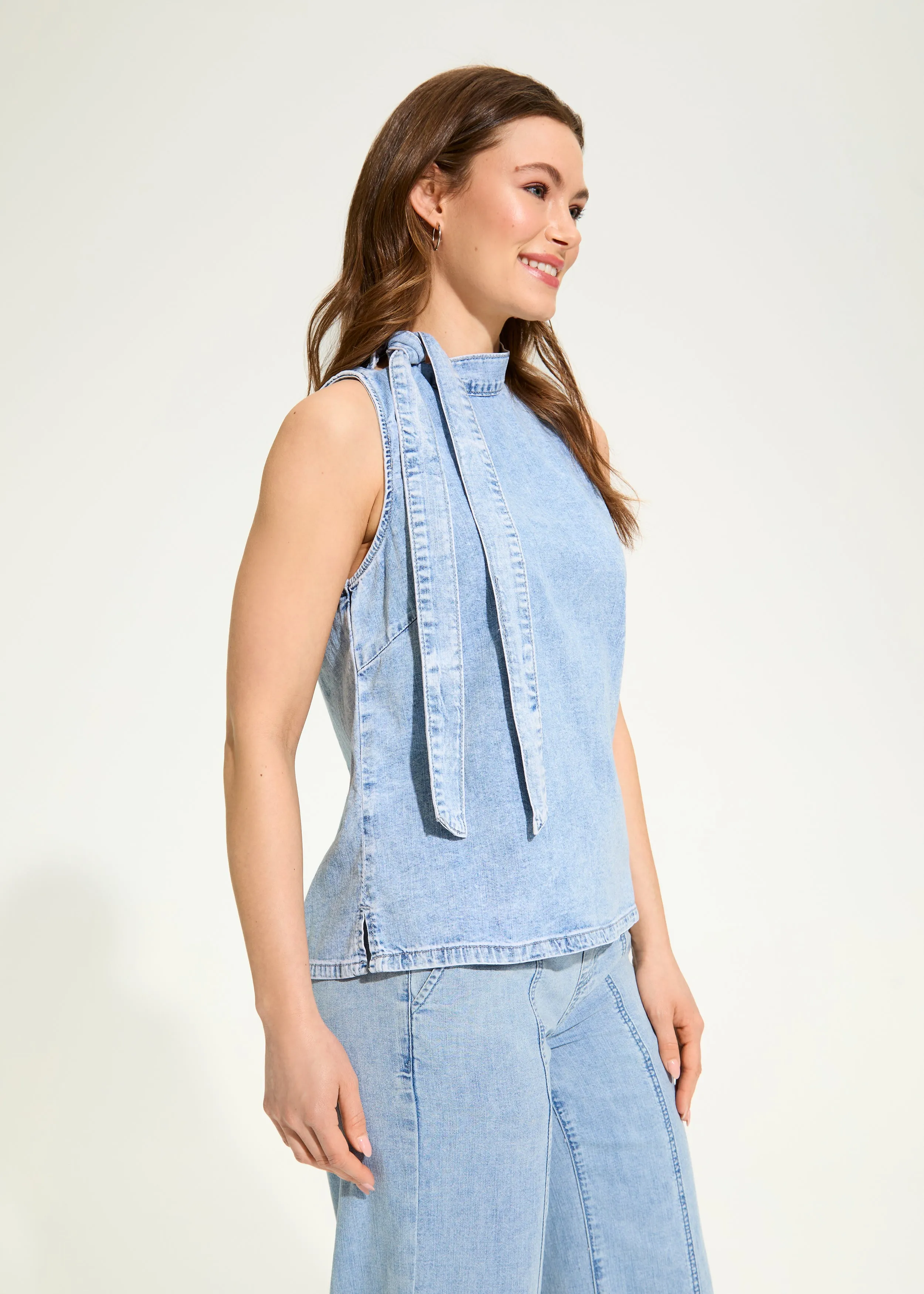 Sleeveless Bow Neck Blouse, Powder Wash