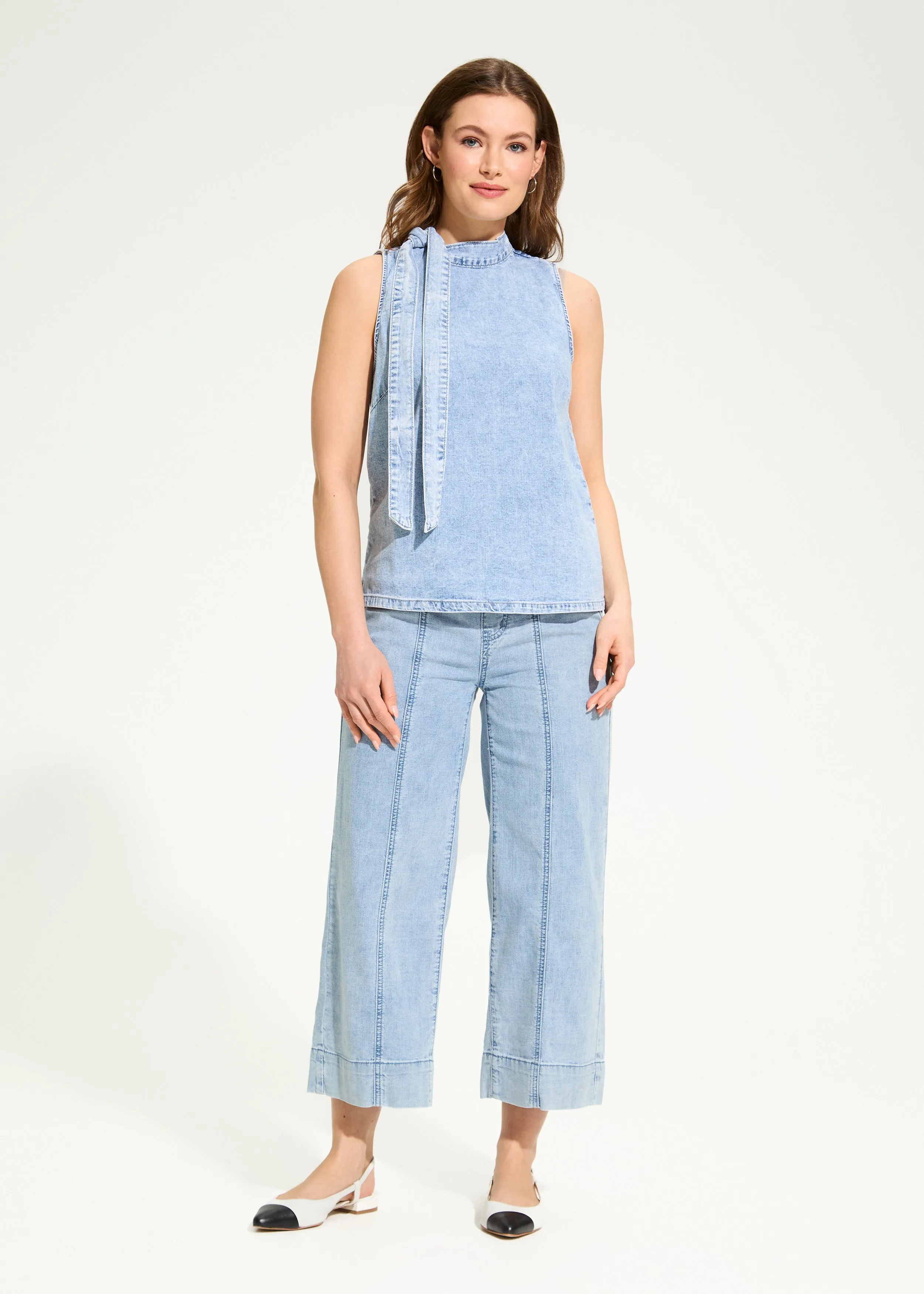 Sleeveless Bow Neck Blouse, Powder Wash