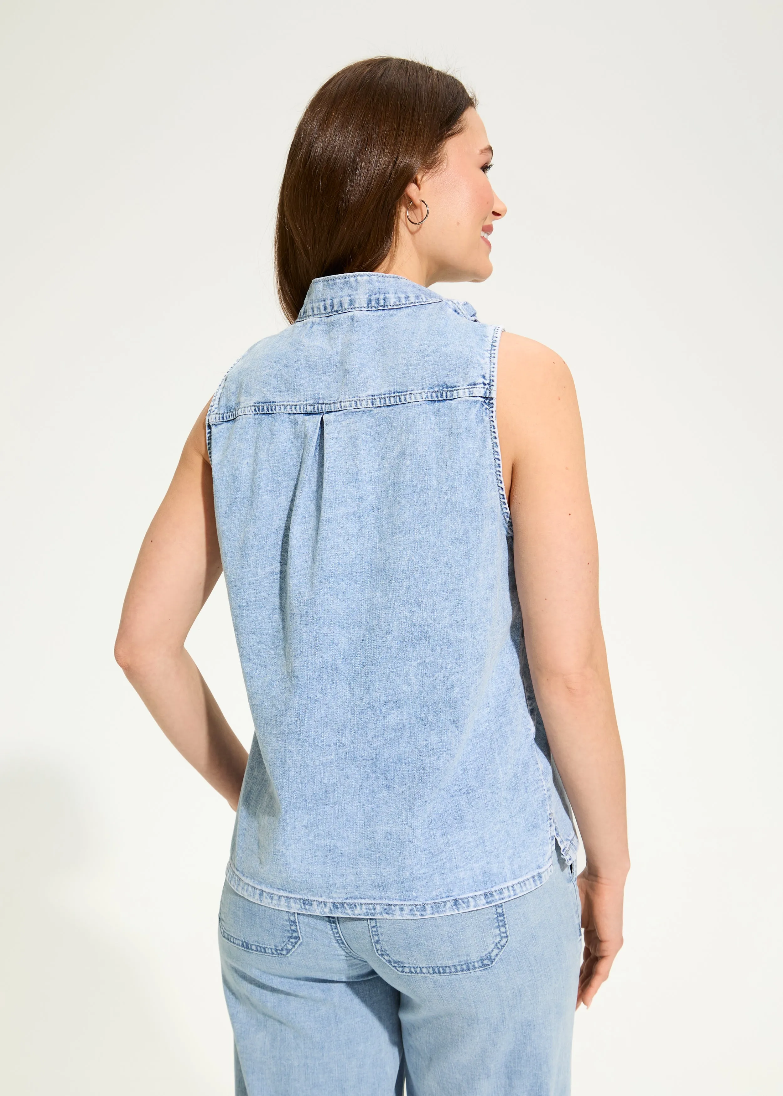 Sleeveless Bow Neck Blouse, Powder Wash