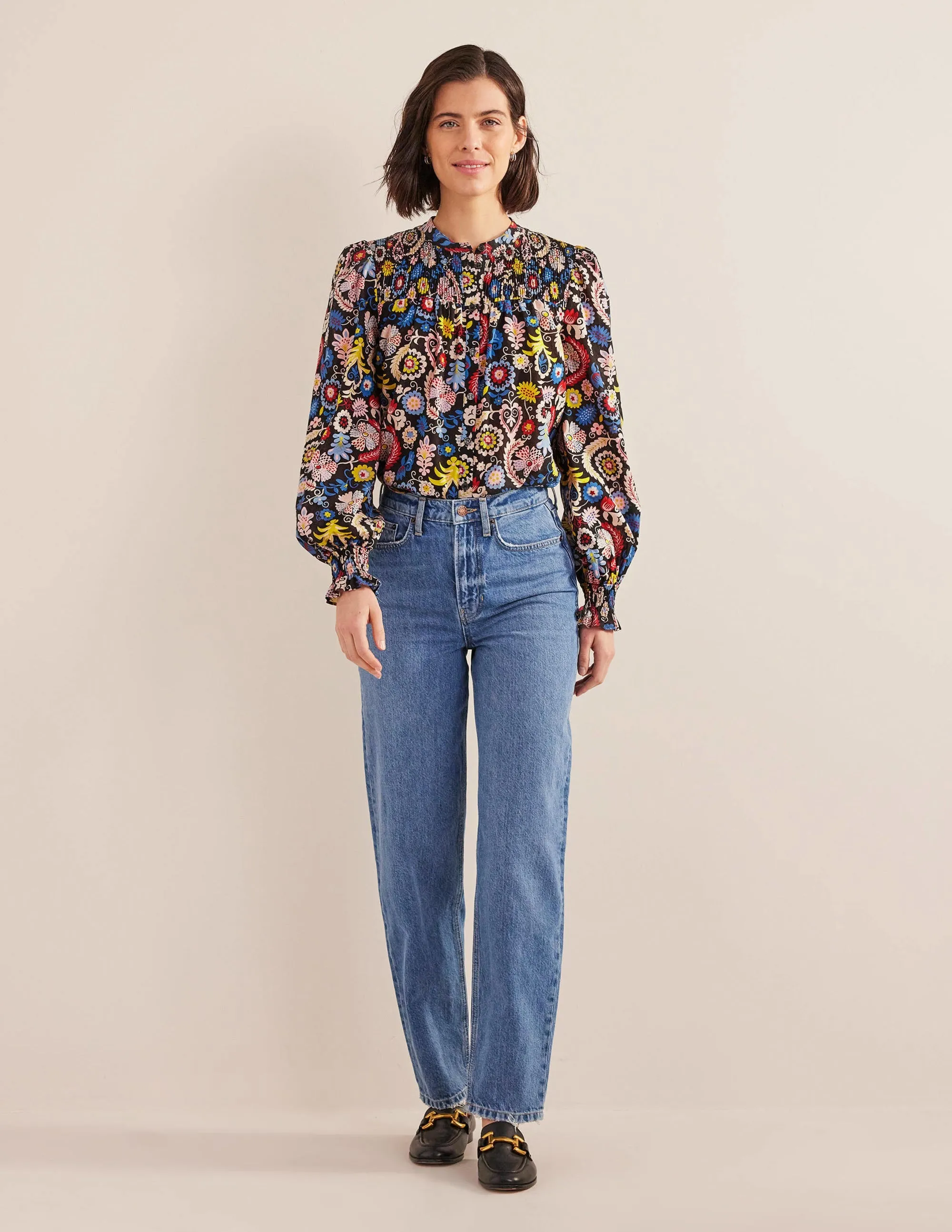 Smocked Yoke Cotton Blouse-Multi, Tropic Charm