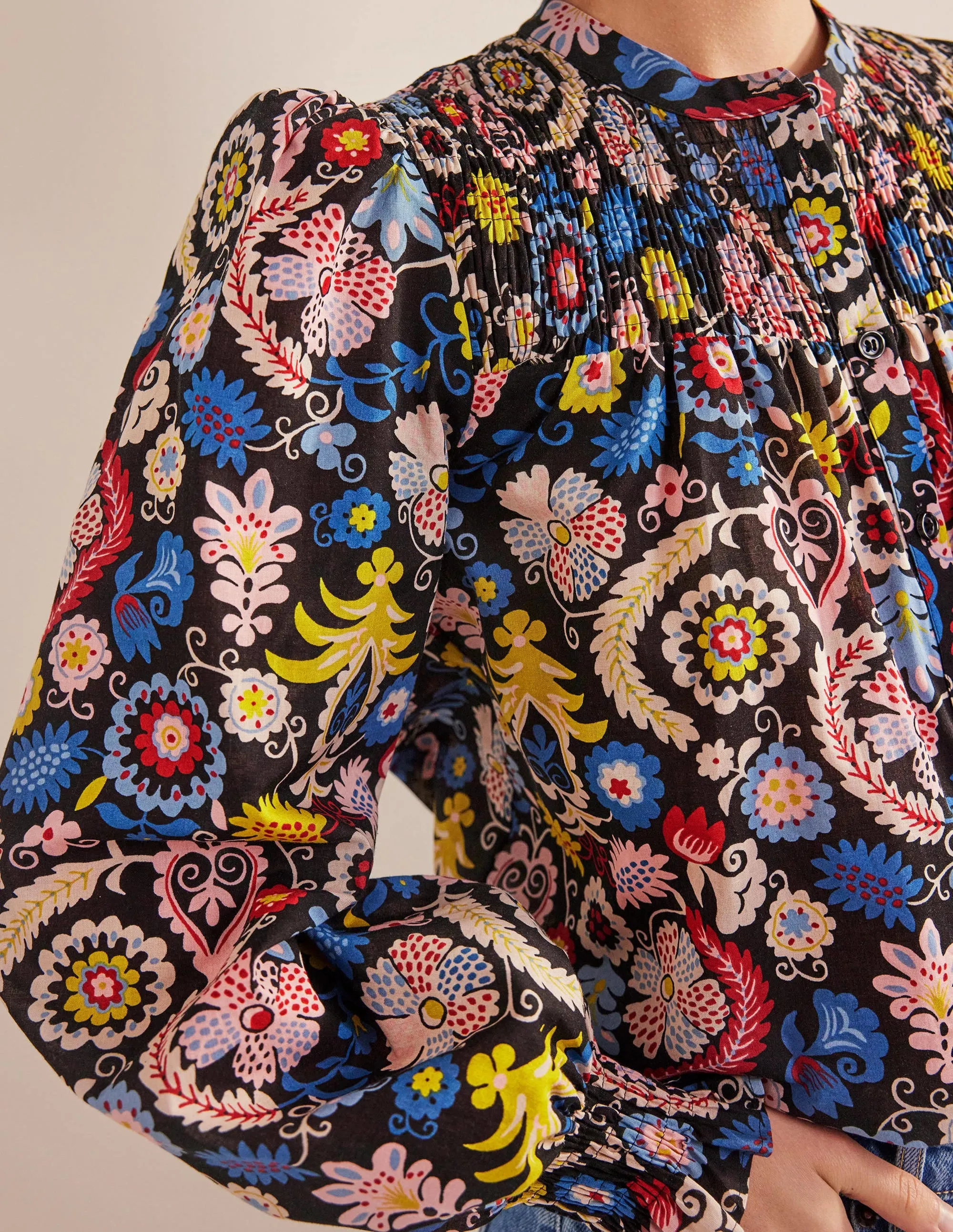 Smocked Yoke Cotton Blouse-Multi, Tropic Charm