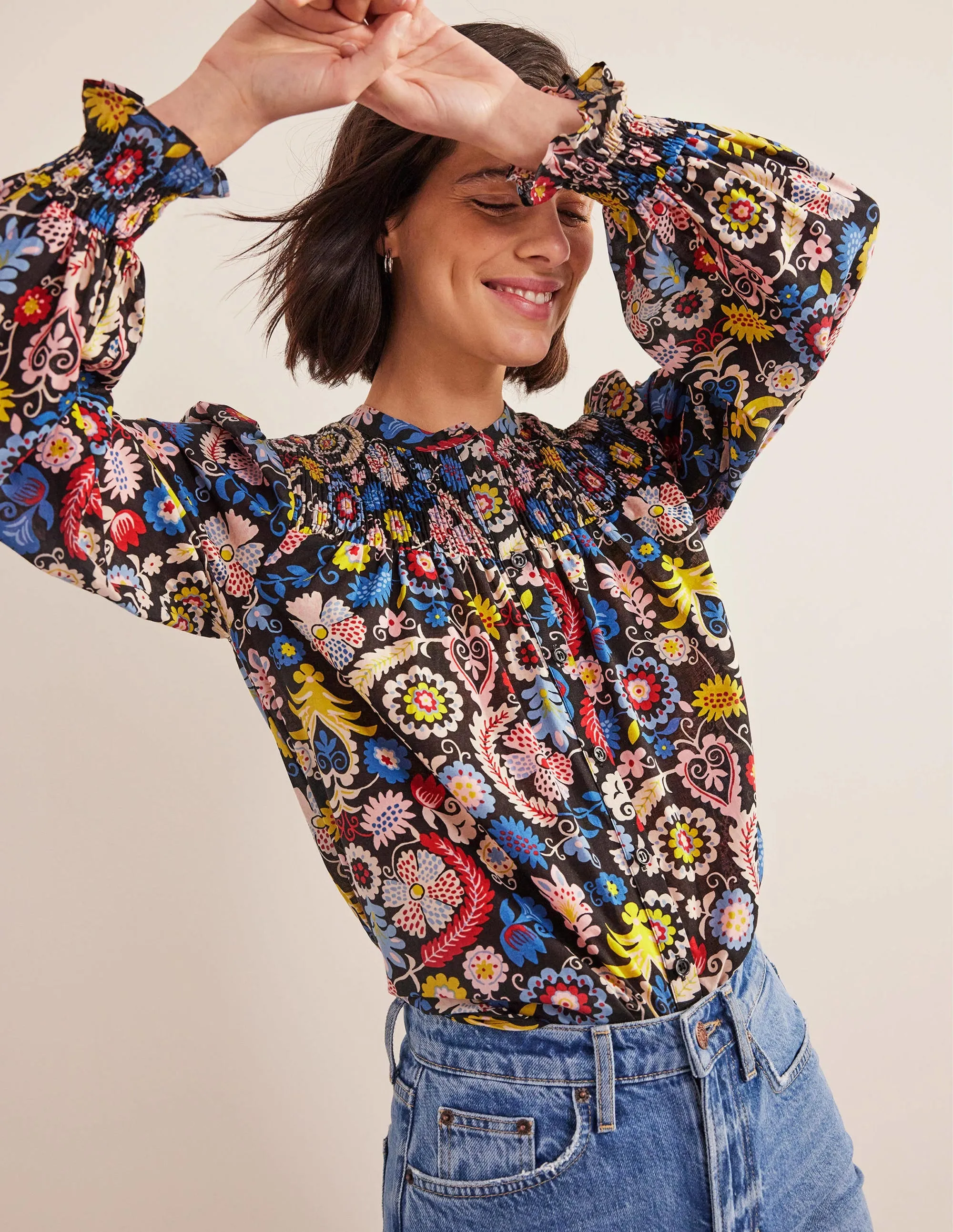 Smocked Yoke Cotton Blouse-Multi, Tropic Charm